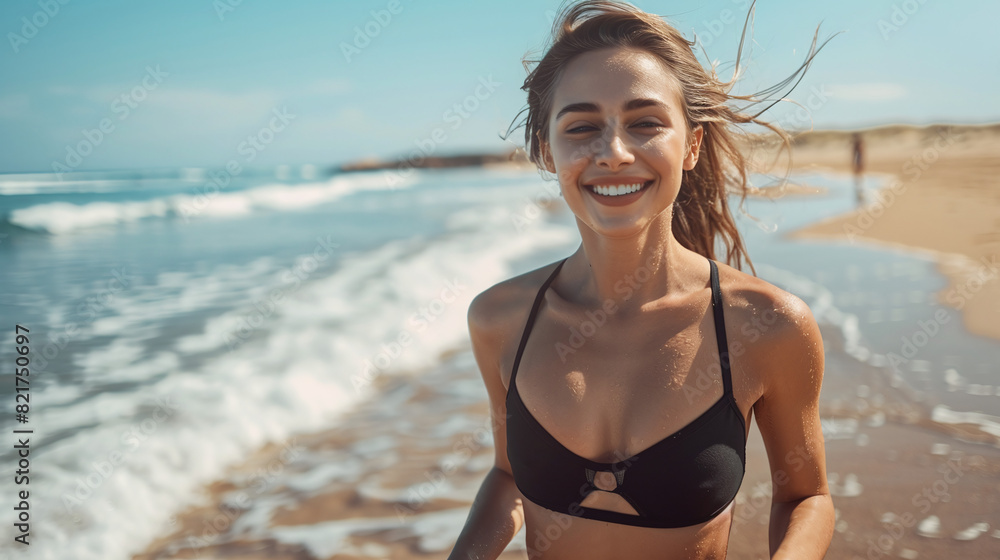 A young woman in a swimsuit runs along the beach against the background of the sea A young woman in a swimsuit runs along the beach against the background of the sea