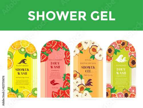 Body wash shower gel with fruit berries label package design template set vector flat