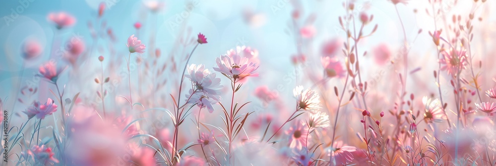 A tranquil pastel meadow with softly swaying grass and wildflowers A tranquil pastel meadow with softly swaying grass and wildflowers