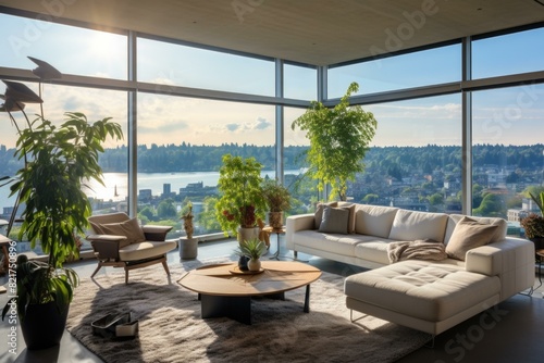 Luxurious living room with floor-to-ceiling windows offering a panoramic view of the city and lake. AI.
