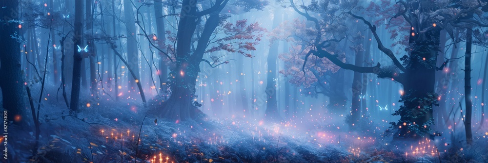 Fototapeta premium An enchanted pastel forest with glowing fireflies and mist