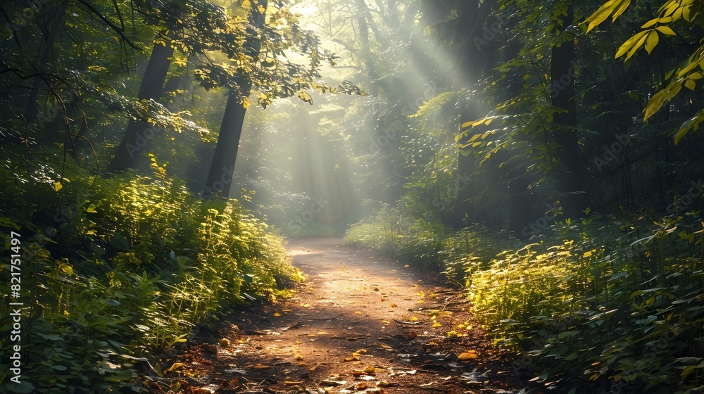 Fototapeta premium Enchanting Woodland Path with Sunlight Streaming Through Lush Foliage Inviting Nature