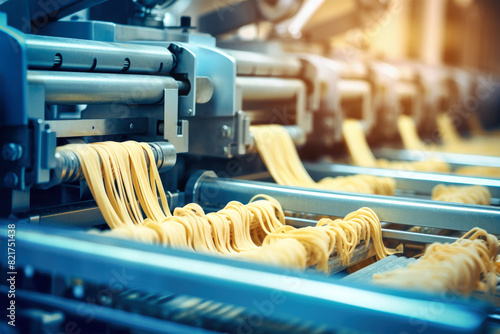 Freshly made pasta being processed in a bustling factory, with machines shaping, cutting, and packaging the dough into various shapes