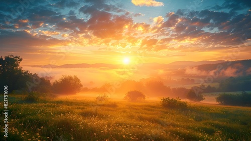 Breathtaking Sunrise Over Tranquil Countryside Symbolizing New Beginnings and Boundless Possibilities © Thares2020