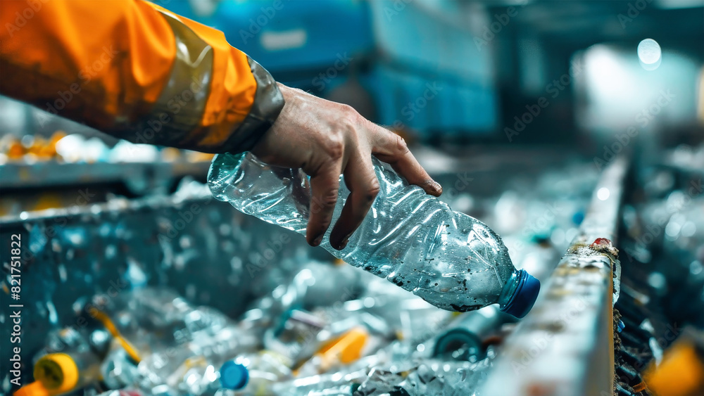 Obraz premium A person passionately places plastic bottles into a recycling bin at a waste recycling plant