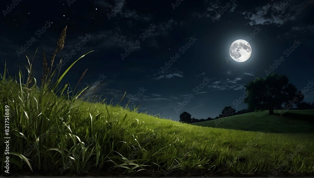 point of view from the ground of a grassy pasture landscape at midnight, moon, realistic, high contrast. point of view from the ground of a grassy pasture landscape at midnight, moon, realistic, high contrast.