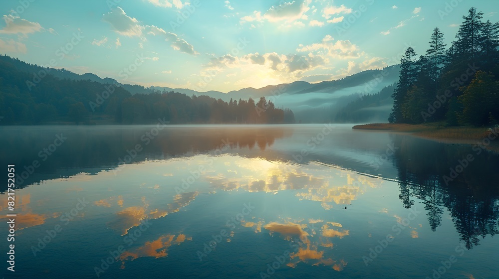 Serene Sunrise at Tranquil Mountain Lake Reflects Nature s Calm Promise of a New Day