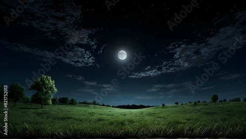 point of view from the ground of a grassy pasture landscape at midnight, moon, realistic, high contrast. photo