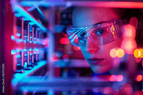 Researcher in safety glasses observing a quantum computing experiment