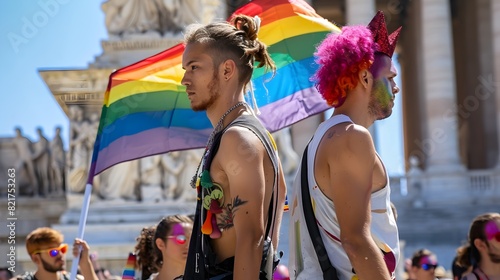 Colorful LGBTQ Pride in the City with Waving Rainbow Flags