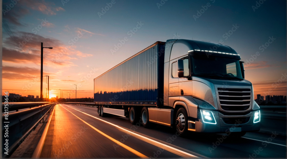 Obraz premium A truck with a semi-trailer transporting containers across a city bridge in the light of the evening sunset.