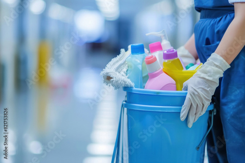 Female cleaning an office, wearing protective gloves and holding a bucket full of cleaning supplies photo