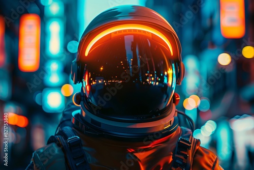 Astronaut with City Lights Reflection on Helmet Visor © Eduards V.
