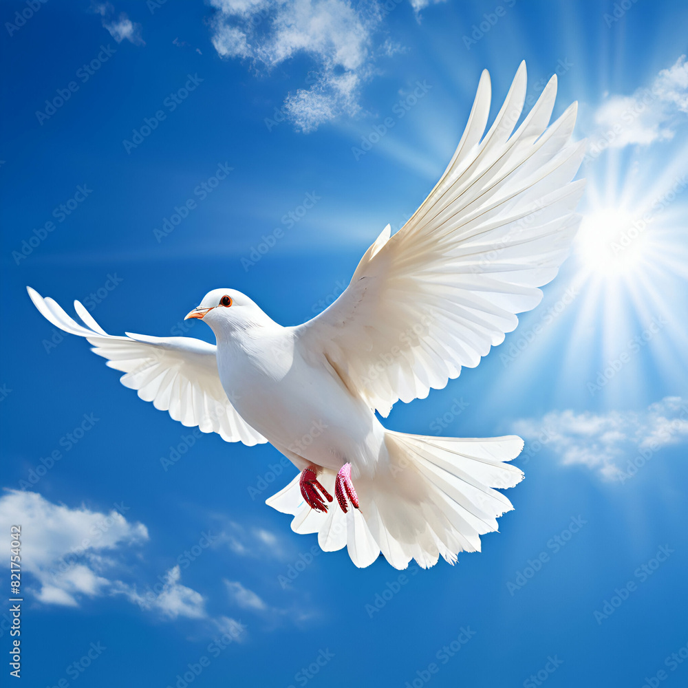 Obraz premium white dove flying with blue sky,White dove flying in the sun rays among the clouds,