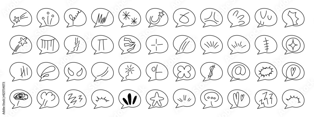 Anime emotion effect design elements with speech bubbles. Manga collection of arrows, sparkles, expression signs. Vector illustration