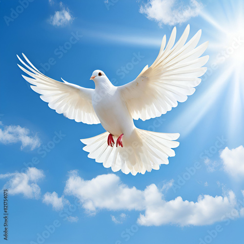 white dove flying with blue sky White dove flying in the sun rays among the clouds 