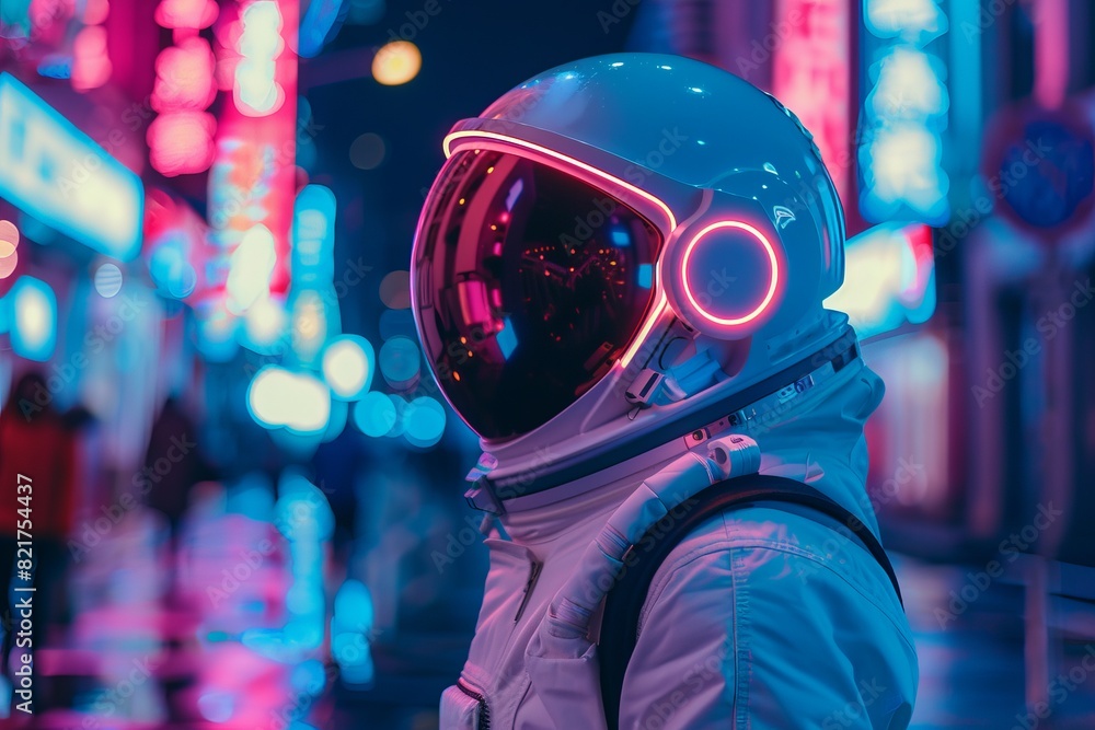 Astronaut with City Lights Reflection on Helmet Visor Astronaut with City Lights Reflection on Helmet Visor