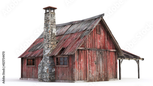 A rustic German barn house in 3D, featuring weathered wood and a stone chimney, painted in a traditional red, isolated on a white background.