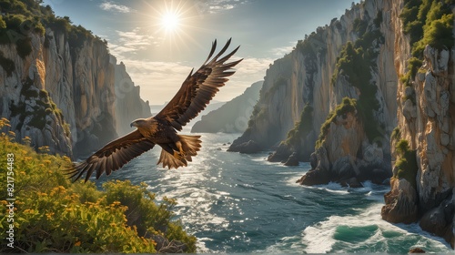 The eagle soars over the river and mountains photo