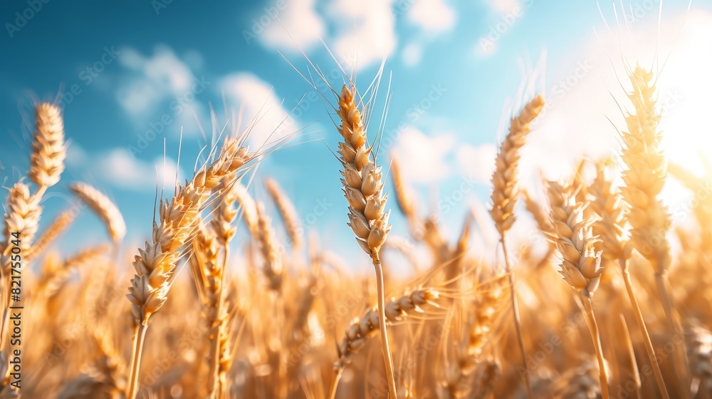 Obraz premium golden wheat field, blue sky, sunny day, supersharp, 8k