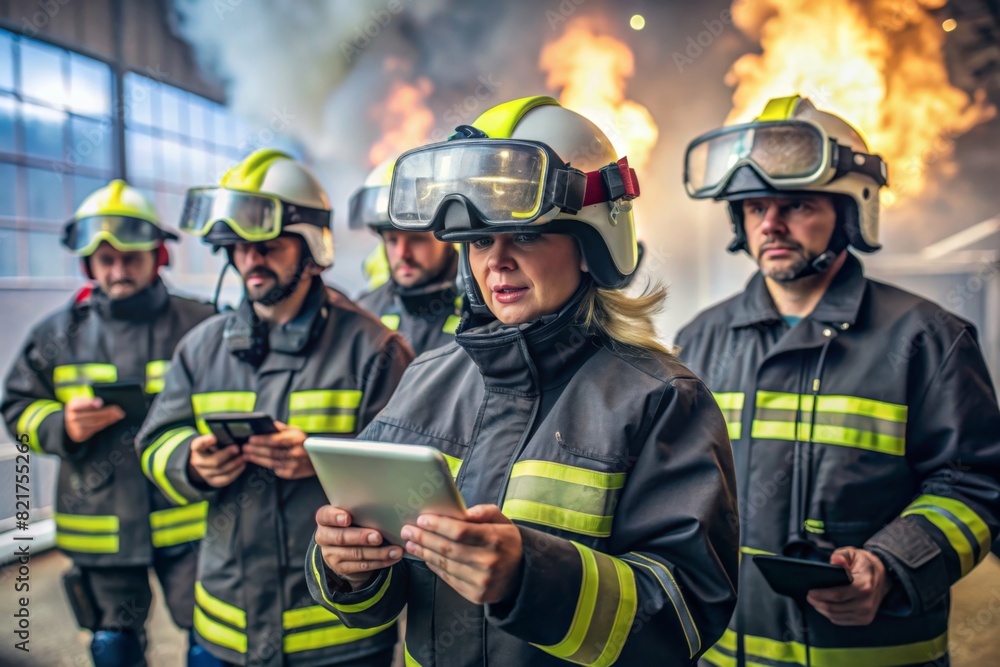 Emergency responders using AR glasses to access incident maps, coordinate with team members, and visualize critical data during a crisis situation Emergency responders using AR glasses to access incident maps, coordinate with team members, and visualize critical data during a crisis situation