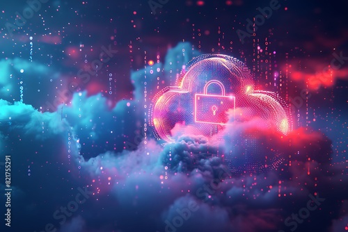 Abstract illustration of cloud security services  stylized cloud icon integrated with a secure padlock symbol  representing data protection and cybersecurity in cloud computing environments