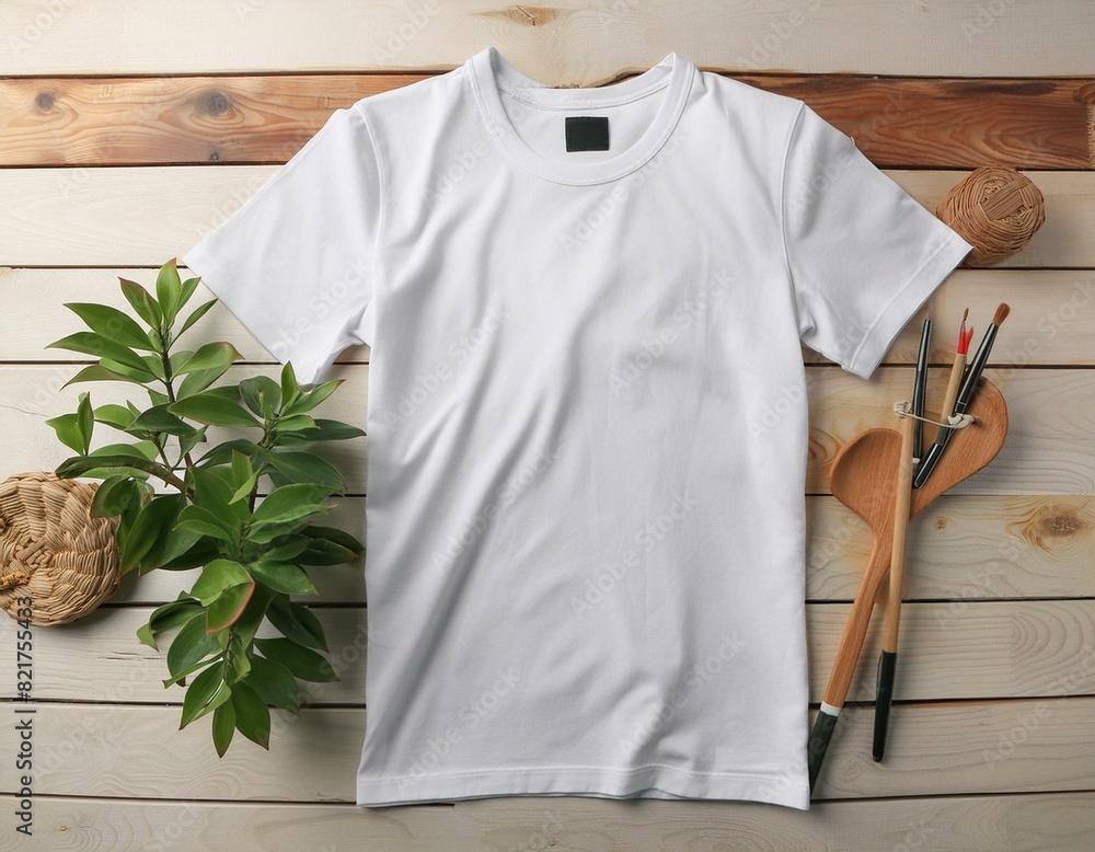 Earthy Elegance: White T-Shirt Mockup on Wood Texture Earthy Elegance: White T-Shirt Mockup on Wood Texture