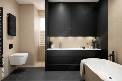 Beige Bathroom Design With Black WC Wall Panel