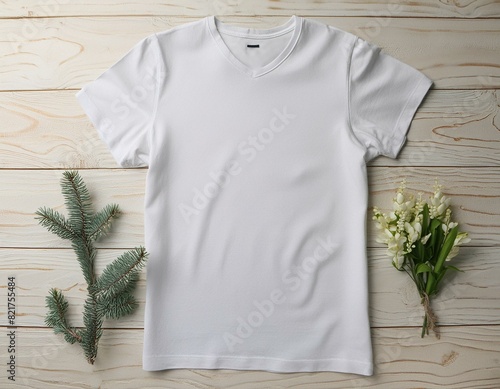 Natural Style: Mockup of White T-Shirt on Wood Background