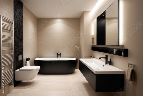 Beige Bathroom Design With Black WC Wall Panel