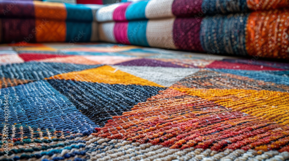 A detailed view of a vibrant and colorful rug laid out on the floor, showcasing intricate patterns and textures