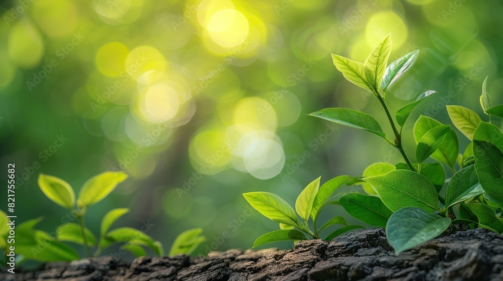 Close-up of a plant growing through a tree trunk's crack, bathed in sunlight streaming from behind trees Close-up of a plant growing through a tree trunk's crack, bathed in sunlight streaming from behind trees