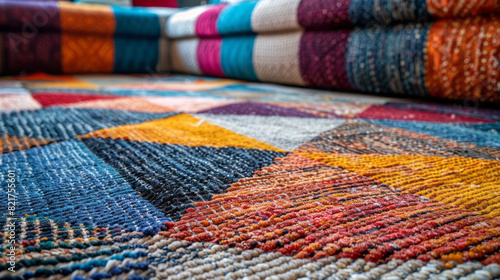 A detailed view of a vibrant and colorful rug laid out on the floor, showcasing intricate patterns and textures © imagemir