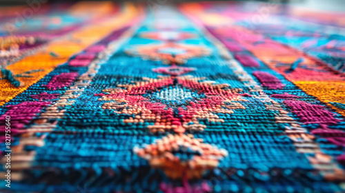 A close-up view of a vibrant and multicolored rug laid out on the floor, showcasing intricate patterns and designs