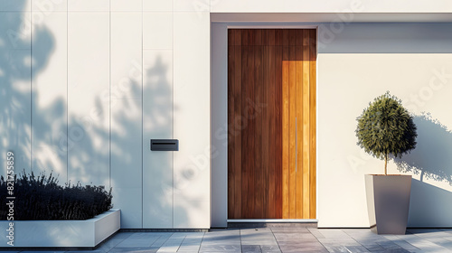 Front view of a Modern Wooden Door Entrance with Potted Plants and Stone Wall Design in Residential House