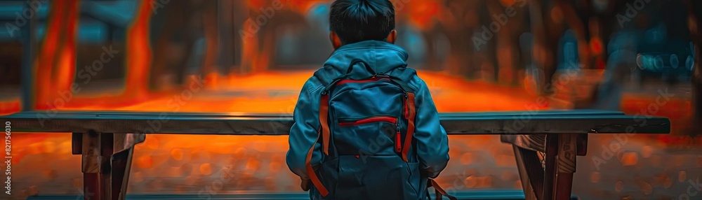Obraz premium Schoolboy with rucksack at desk, rear view, back to school, classroom setting, focused on studies, sunny day