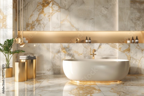 The bathroom features luxurious marble tiles and a pristine white bathtub