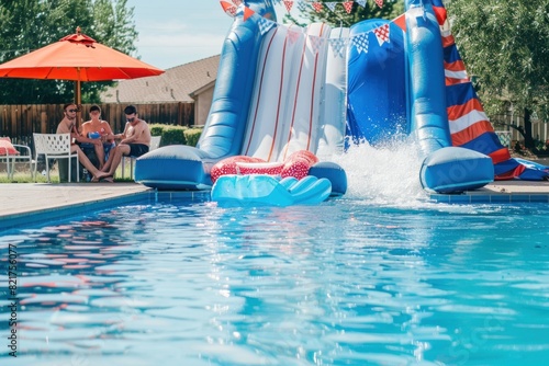 Water slide with a large splash at the bottom, set in a suburban pool setting with adults enjoying a sunny day.