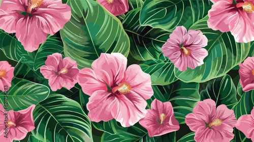 Pink Flowers with Green Leaves Spring Seamless Patter