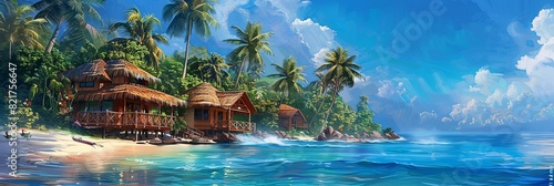 A painting of a tropical beach featuring a hut by the shore with a view of the azure sea. Generative AI photo