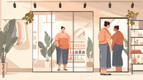 Overweight woman standing near mirror in modern shop