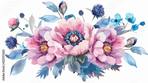 Pink peonies blue thistle watercolor floral bouquet p photo