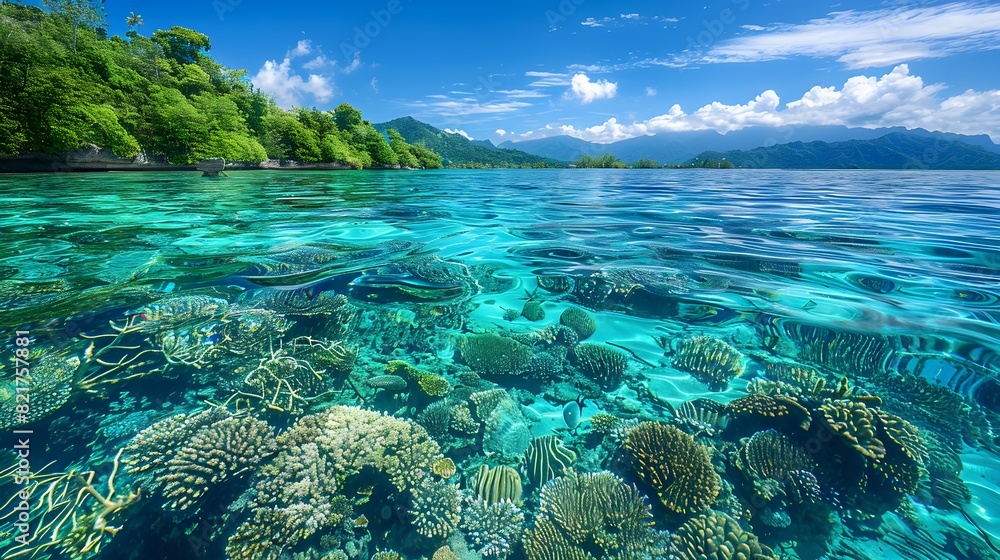 Obraz premium Turquoise Lagoon Surrounded by Lush Greenery and Vibrant Coral Reefs Peaceful Ocean Seascape