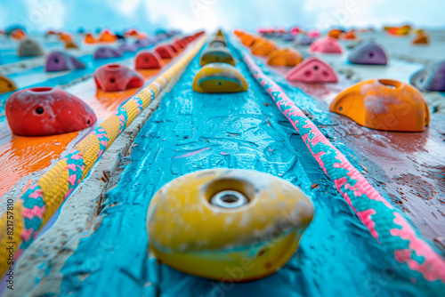 Colorful climbing equipment on the playground, close-up. Low angle shot of a rock climbing wall