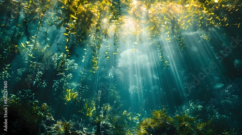 Serene Underwater Kelp Forest with Sunlight Beams Promoting Marine Biodiversity and Ecological Harmony