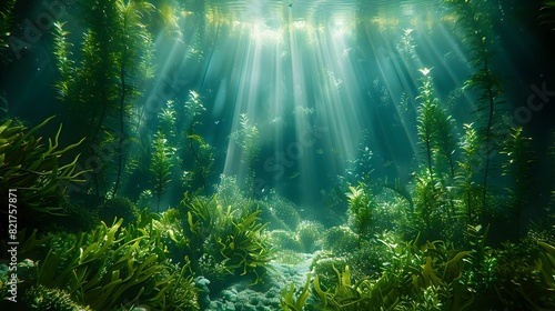 Serene Kelp Forest Underwater Landscape with Vibrant Marine Ecosystem and Sunlight Rays © Thares2020