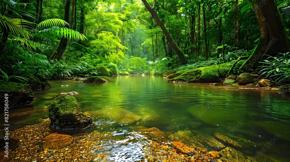Serene Tropical Forest Stream with Lush Greenery Highlighting the Importance of Environmental Conservation Serene Tropical Forest Stream with Lush Greenery Highlighting the Importance of Environmental Conservation