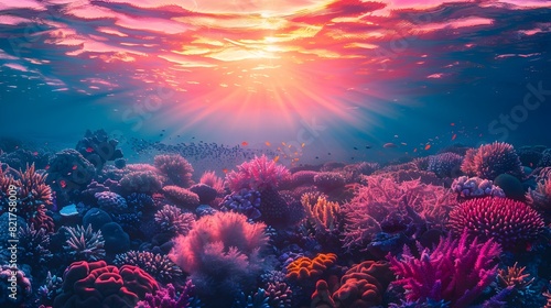 Vibrant Coral Reef Awakening at Stunning Sunrise Over Serene Ocean Landscape © Thares2020