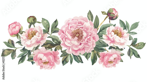 Pink peony watercolor embellished frame solated on white photo