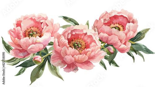 Pink peony watercolor floral bouquet isolated on white